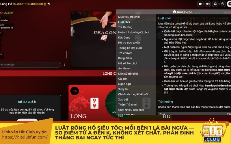 Luật Rồng Hổ siêu tốc: Mỗi bên 1 lá bài ngửa — So điểm từ A đến K, không xét chất, phân định thắng bại ngay tức thì